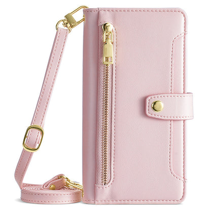 Phone Case Wallet for iPhone 15 , Zipper Pocket PU Leather Stand Card Slots Cover with Wrist Strap and Shoulder Strap