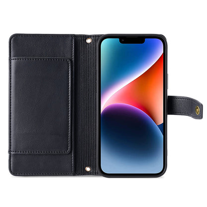 Phone Case Wallet for iPhone 15 , Zipper Pocket PU Leather Stand Card Slots Cover with Wrist Strap and Shoulder Strap