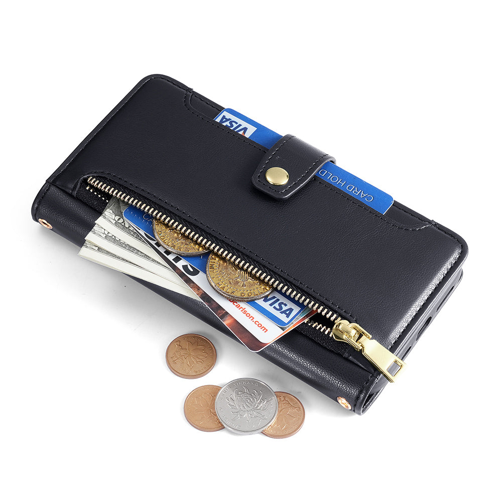 Phone Case Wallet for iPhone 15 , Zipper Pocket PU Leather Stand Card Slots Cover with Wrist Strap and Shoulder Strap