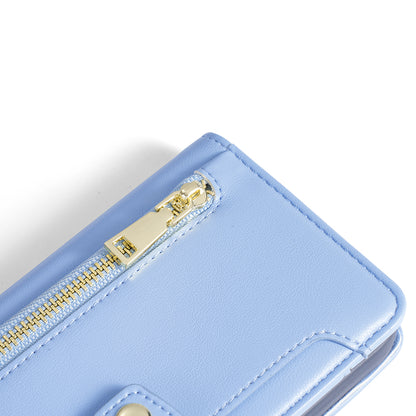 Phone Case Wallet for iPhone 15 , Zipper Pocket PU Leather Stand Card Slots Cover with Wrist Strap and Shoulder Strap