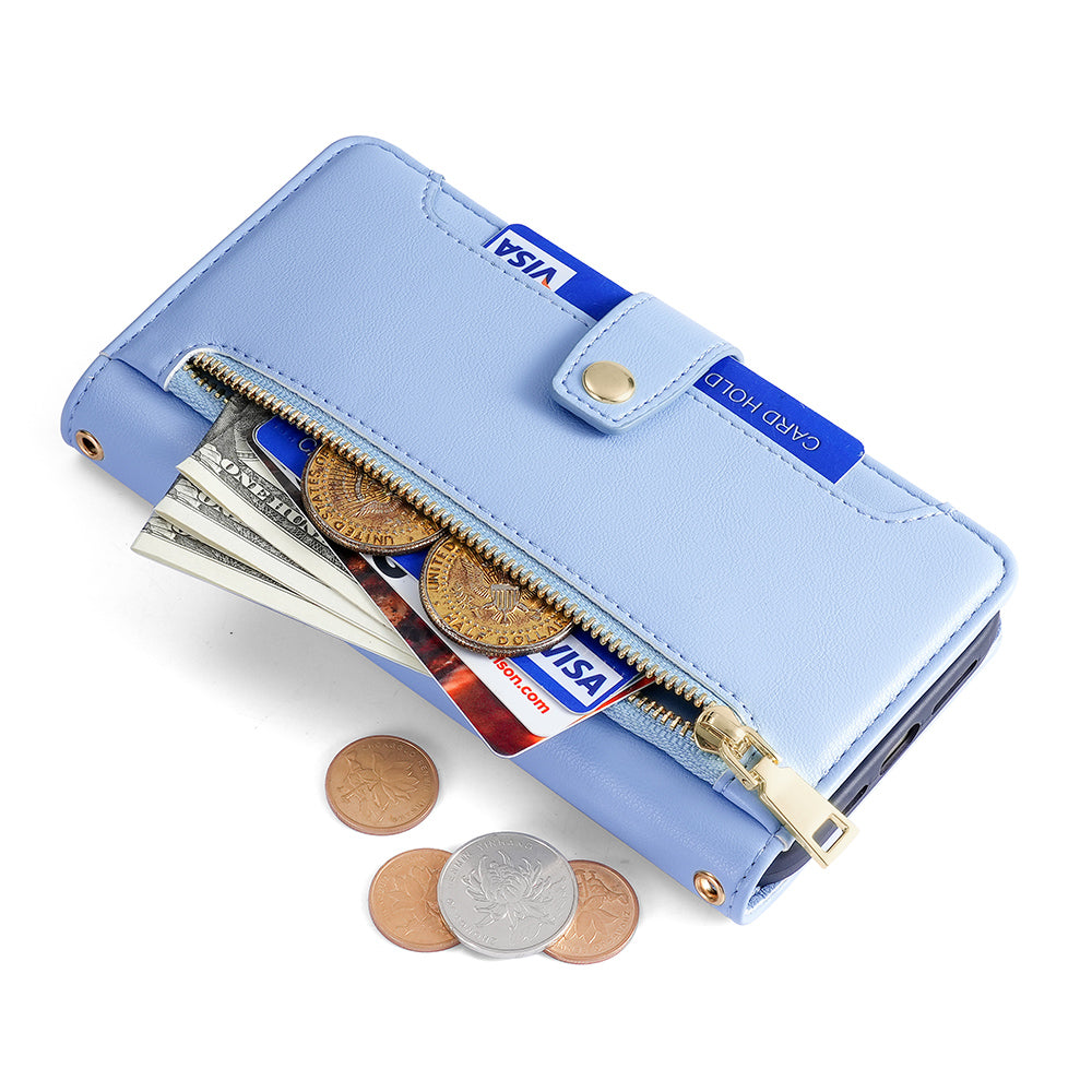 Phone Case Wallet for iPhone 15 , Zipper Pocket PU Leather Stand Card Slots Cover with Wrist Strap and Shoulder Strap