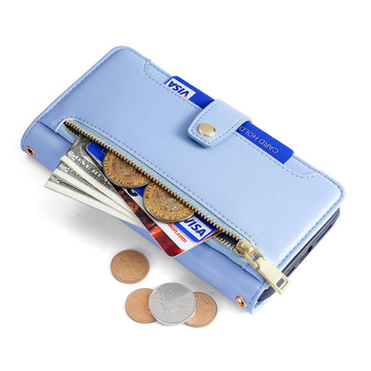 Phone Case Wallet for iPhone 15 , Zipper Pocket PU Leather Stand Card Slots Cover with Wrist Strap and Shoulder Strap