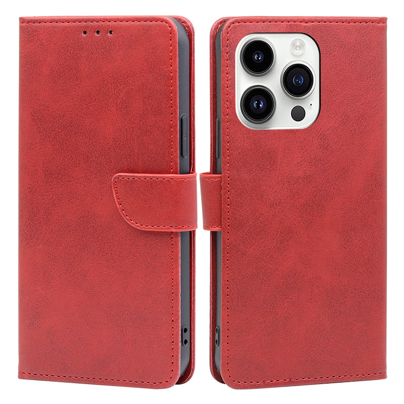 For iPhone 15 Pro Max PU Leather Stand Wallet Case Calf Texture Magnetic Clasp Phone Cover