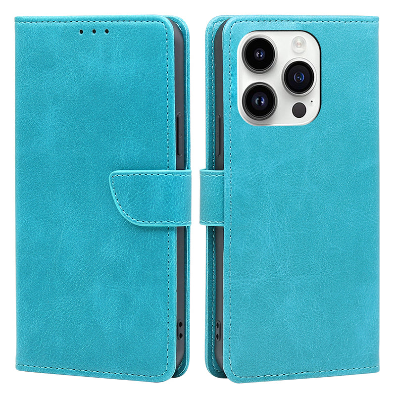 For iPhone 15 Pro Max PU Leather Stand Wallet Case Calf Texture Magnetic Clasp Phone Cover