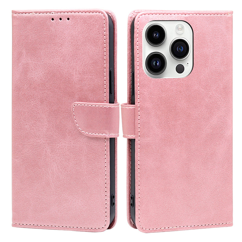 For iPhone 15 Pro Max PU Leather Stand Wallet Case Calf Texture Magnetic Clasp Phone Cover
