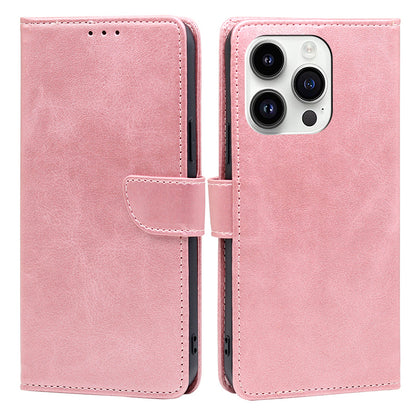 For iPhone 15 Pro Max PU Leather Stand Wallet Case Calf Texture Magnetic Clasp Phone Cover