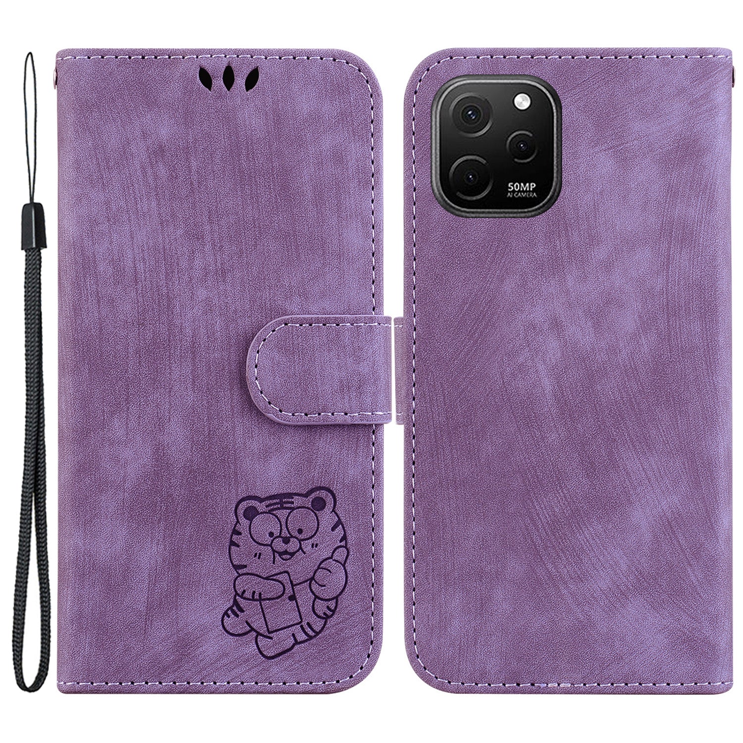 For Huawei nova Y61 4G Leather Wallet Stand Anti-shock Cover Lovely Tiger Imprint Phone Case