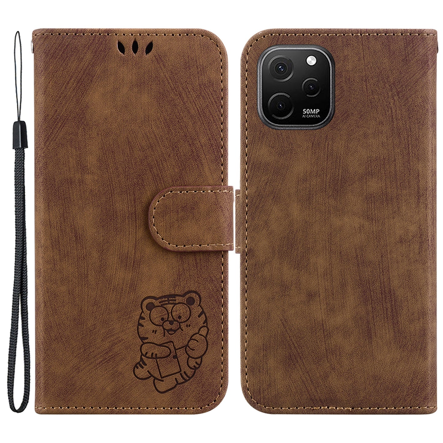 For Huawei nova Y61 4G Leather Wallet Stand Anti-shock Cover Lovely Tiger Imprint Phone Case