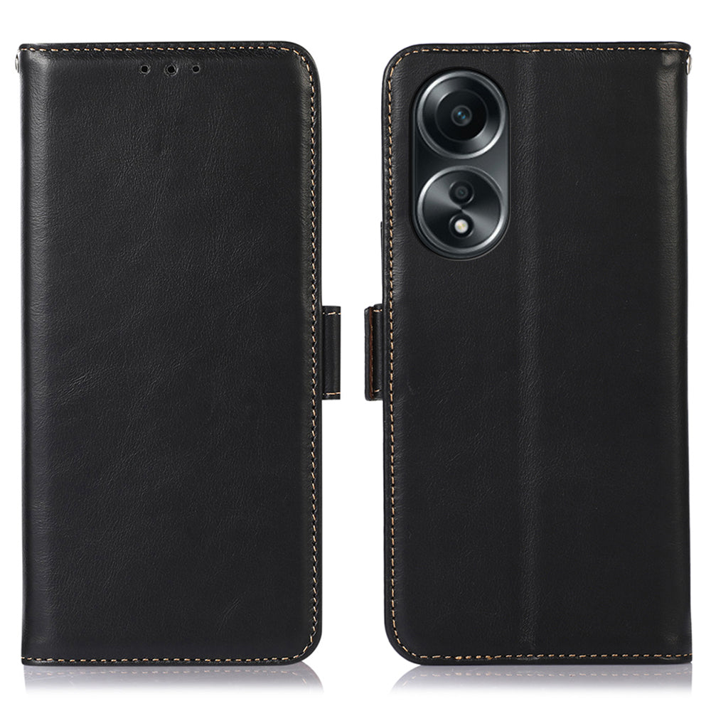 RFID Blocking Phone Cover for Oppo A58 4G , Wallet Stand Genuine Cow Leather Phone Case