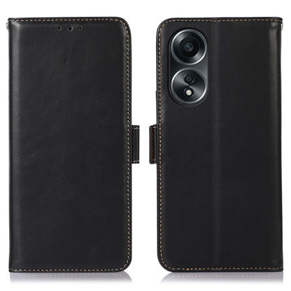 RFID Blocking Phone Cover for Oppo A58 4G , Wallet Stand Genuine Cow Leather Phone Case