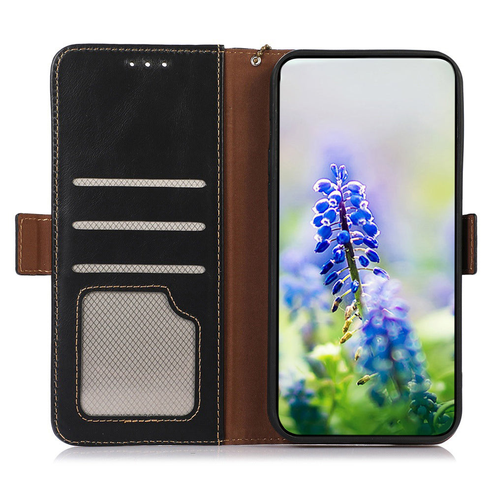RFID Blocking Phone Cover for Oppo A58 4G , Wallet Stand Genuine Cow Leather Phone Case