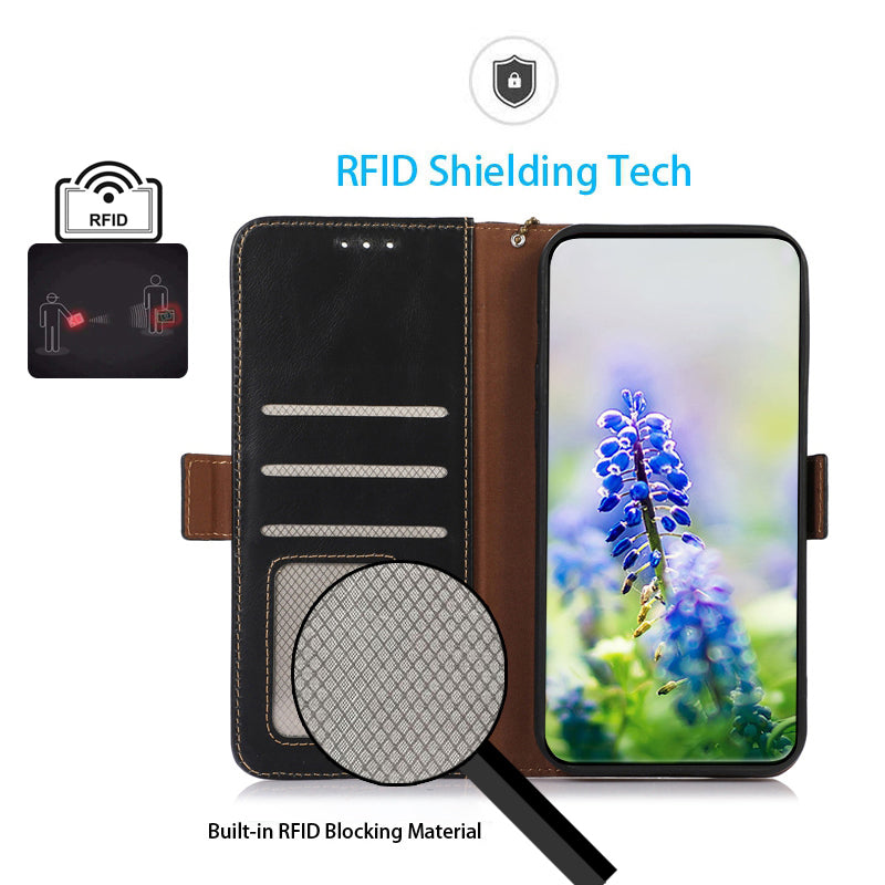 RFID Blocking Phone Cover for Oppo A58 4G , Wallet Stand Genuine Cow Leather Phone Case