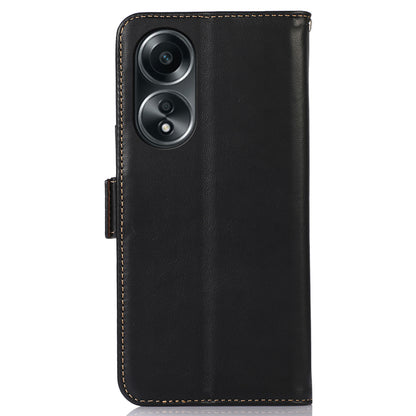 RFID Blocking Phone Cover for Oppo A58 4G , Wallet Stand Genuine Cow Leather Phone Case