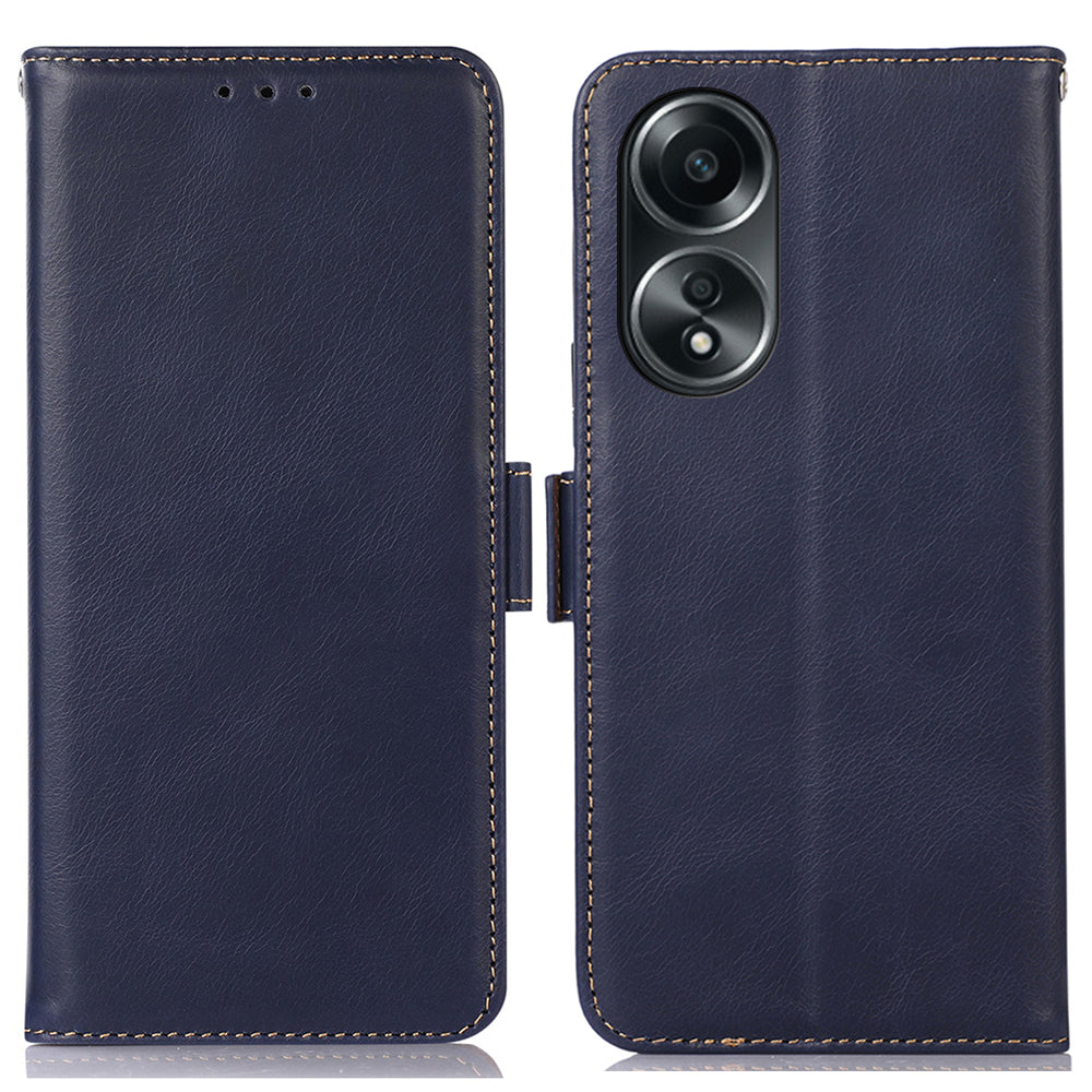 RFID Blocking Phone Cover for Oppo A58 4G , Wallet Stand Genuine Cow Leather Phone Case