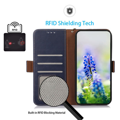 RFID Blocking Phone Cover for Oppo A58 4G , Wallet Stand Genuine Cow Leather Phone Case