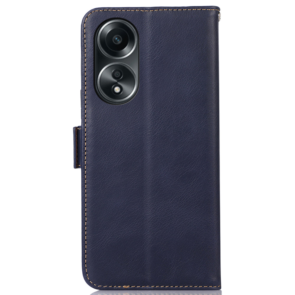 RFID Blocking Phone Cover for Oppo A58 4G , Wallet Stand Genuine Cow Leather Phone Case