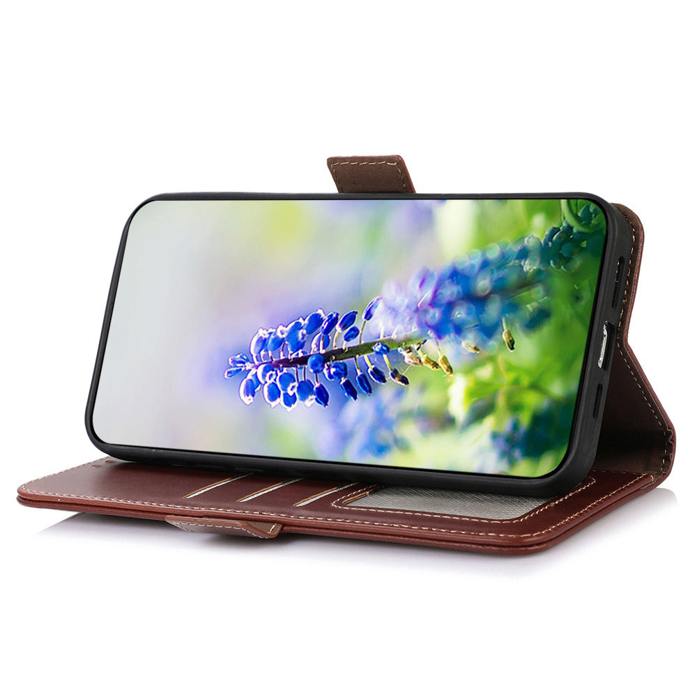 RFID Blocking Phone Cover for Oppo A58 4G , Wallet Stand Genuine Cow Leather Phone Case