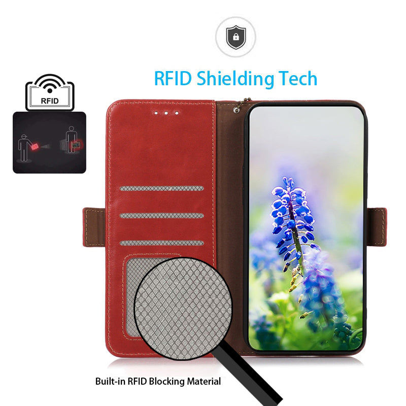 RFID Blocking Phone Cover for Oppo A58 4G , Wallet Stand Genuine Cow Leather Phone Case