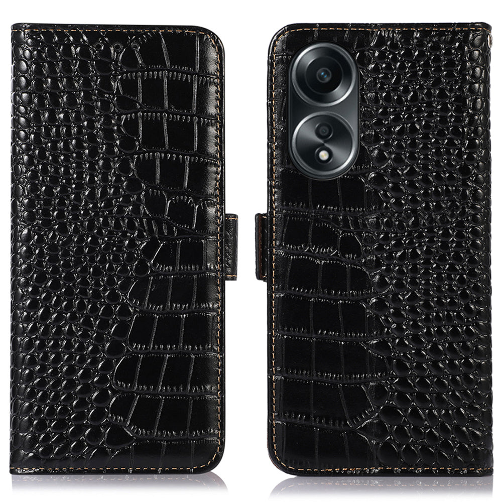 RFID Blocking Wallet Case for Oppo A58 4G , Genuine Cow Leather Stand Phone Cover