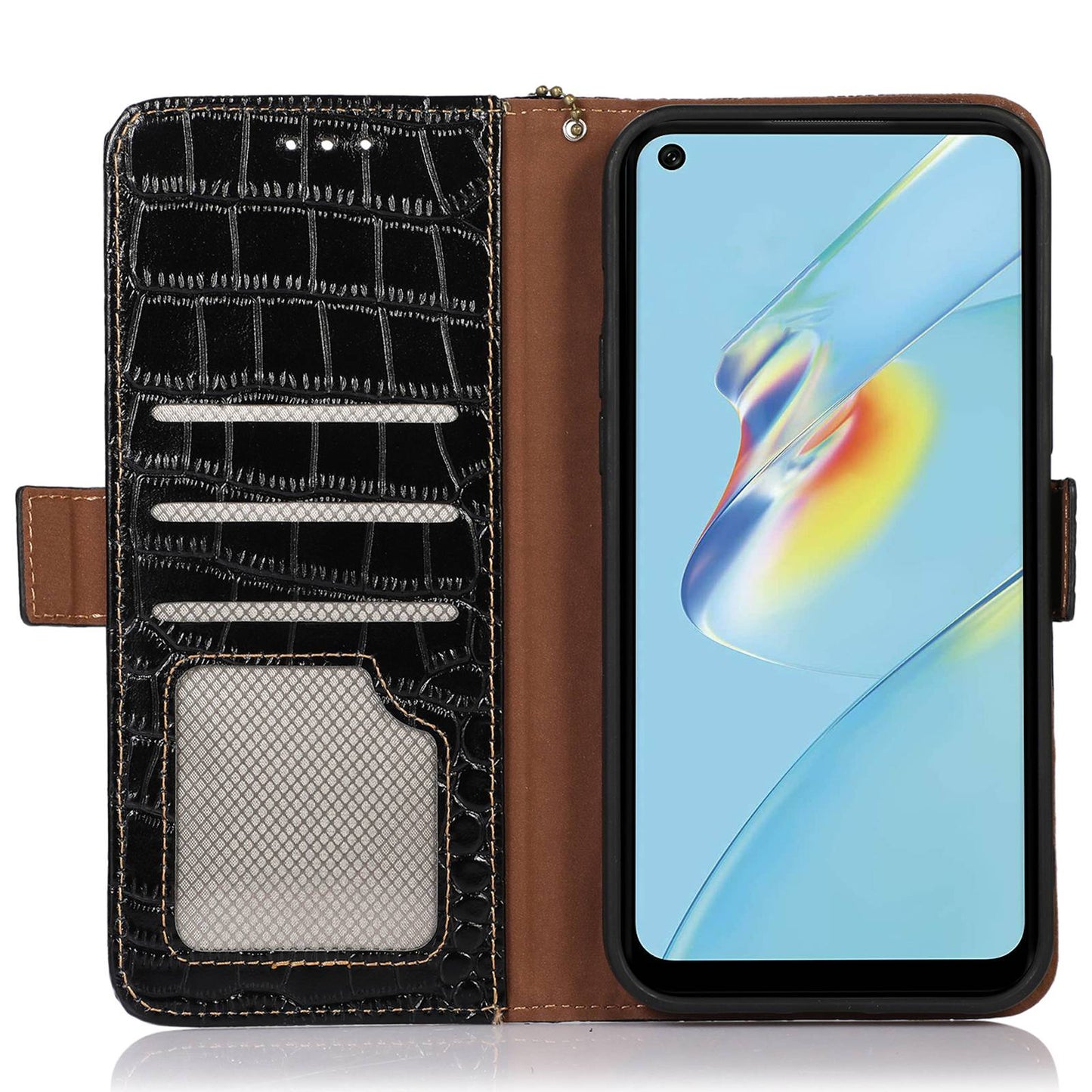 RFID Blocking Wallet Case for Oppo A58 4G , Genuine Cow Leather Stand Phone Cover