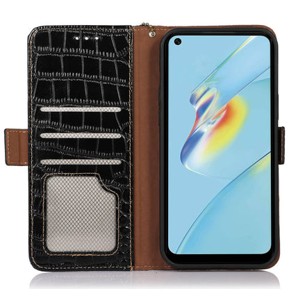 RFID Blocking Wallet Case for Oppo A58 4G , Genuine Cow Leather Stand Phone Cover