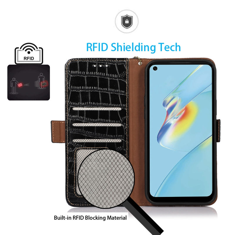 RFID Blocking Wallet Case for Oppo A58 4G , Genuine Cow Leather Stand Phone Cover