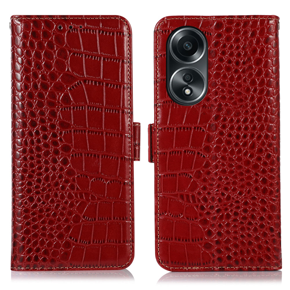 RFID Blocking Wallet Case for Oppo A58 4G , Genuine Cow Leather Stand Phone Cover