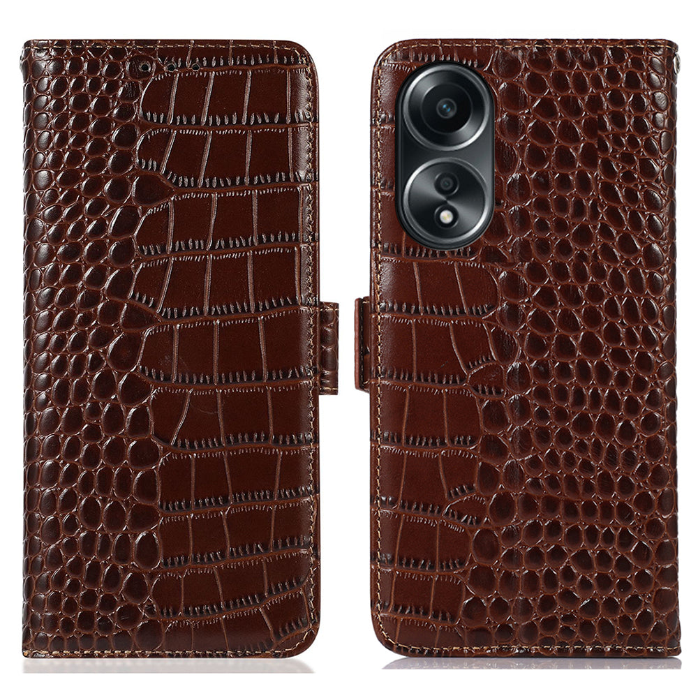 RFID Blocking Wallet Case for Oppo A58 4G , Genuine Cow Leather Stand Phone Cover