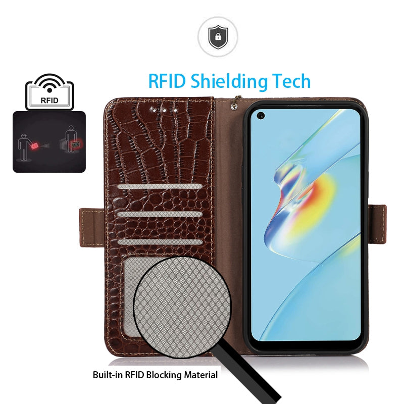 RFID Blocking Wallet Case for Oppo A58 4G , Genuine Cow Leather Stand Phone Cover