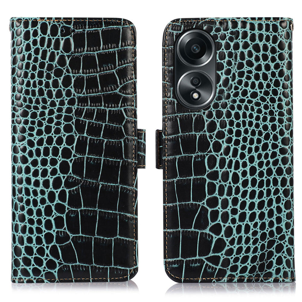 RFID Blocking Wallet Case for Oppo A58 4G , Genuine Cow Leather Stand Phone Cover