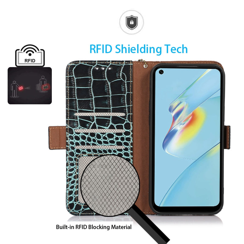 RFID Blocking Wallet Case for Oppo A58 4G , Genuine Cow Leather Stand Phone Cover