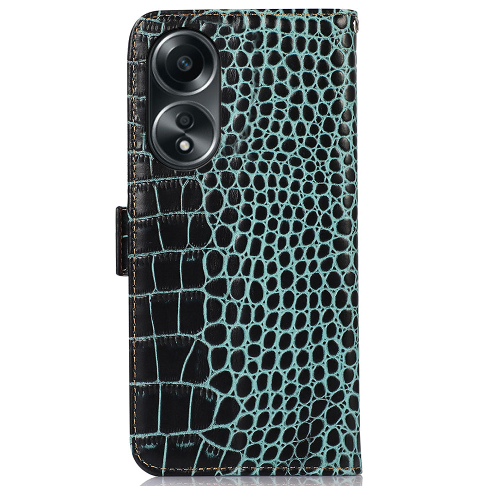 RFID Blocking Wallet Case for Oppo A58 4G , Genuine Cow Leather Stand Phone Cover