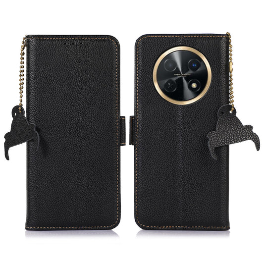 For Huawei nova Y91 4G / Enjoy 60X Wallet Phone Case RFID Blocking Genuine Cow Leather Litchi Texture Stand Cover