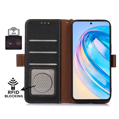 For Huawei nova Y91 4G / Enjoy 60X Wallet Phone Case RFID Blocking Genuine Cow Leather Litchi Texture Stand Cover