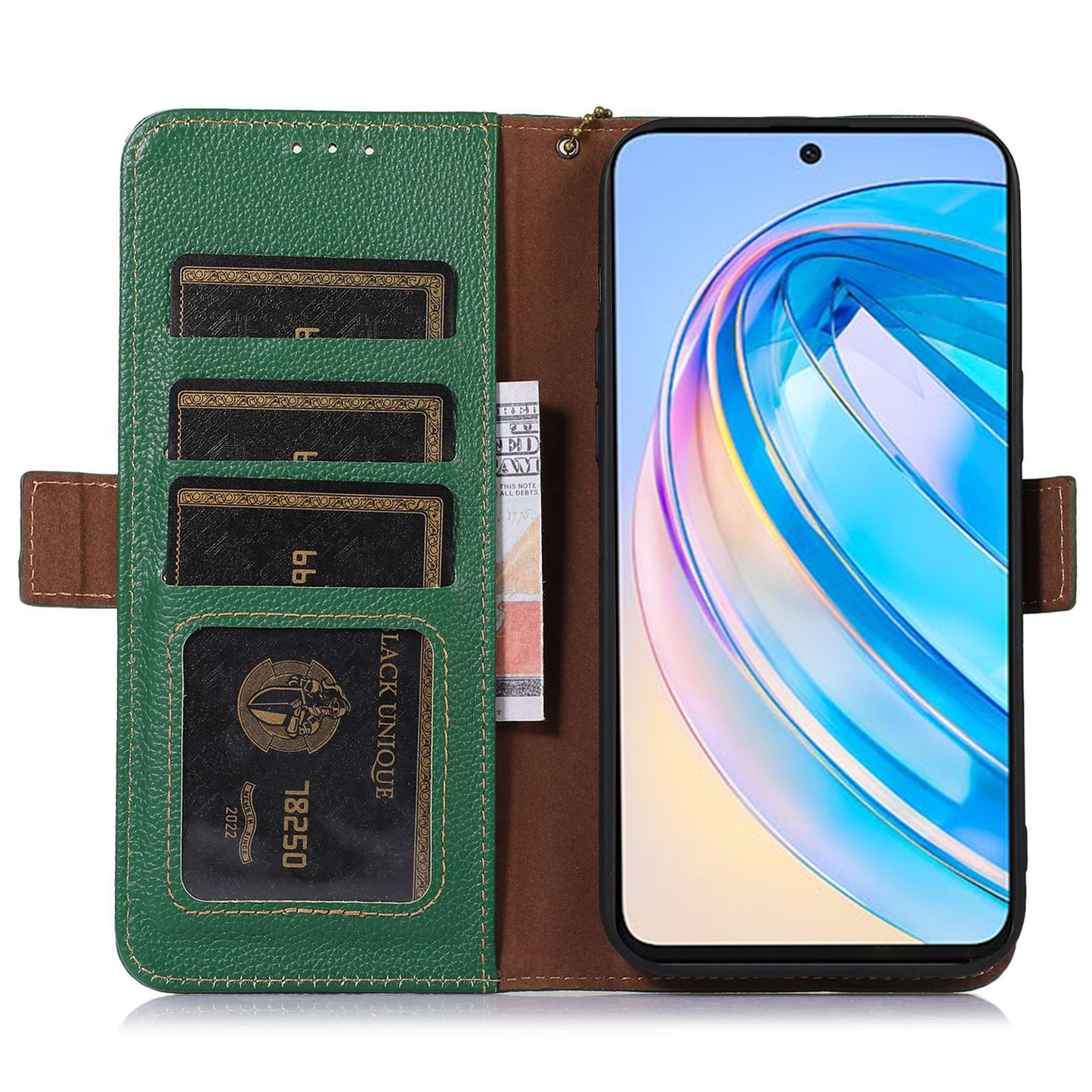 For Huawei nova Y91 4G / Enjoy 60X Wallet Phone Case RFID Blocking Genuine Cow Leather Litchi Texture Stand Cover