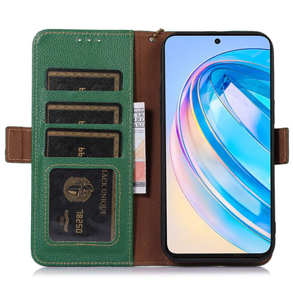 For Huawei nova Y91 4G / Enjoy 60X Wallet Phone Case RFID Blocking Genuine Cow Leather Litchi Texture Stand Cover