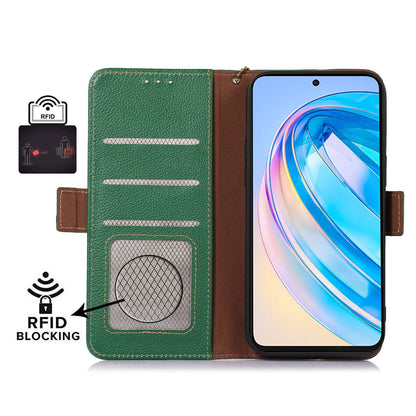 For Huawei nova Y91 4G / Enjoy 60X Wallet Phone Case RFID Blocking Genuine Cow Leather Litchi Texture Stand Cover