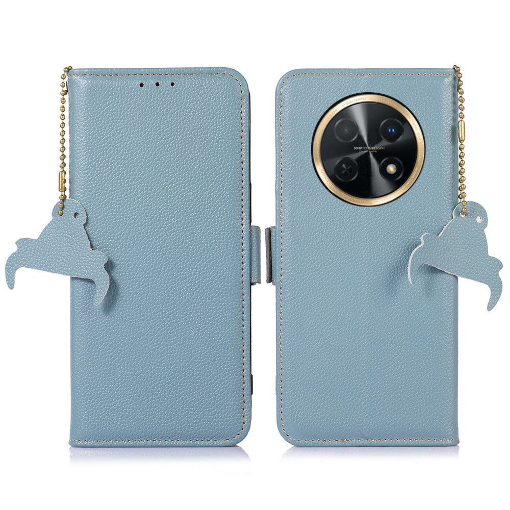 For Huawei nova Y91 4G / Enjoy 60X Wallet Phone Case RFID Blocking Genuine Cow Leather Litchi Texture Stand Cover