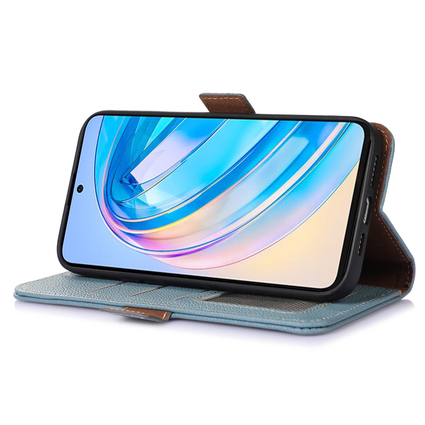For Huawei nova Y91 4G / Enjoy 60X Wallet Phone Case RFID Blocking Genuine Cow Leather Litchi Texture Stand Cover