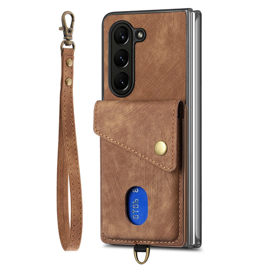 Retro PU+TPU Phone Case for Samsung Galaxy Z Fold5 5G Shockproof Card Holder Kickstand Cover with Strap