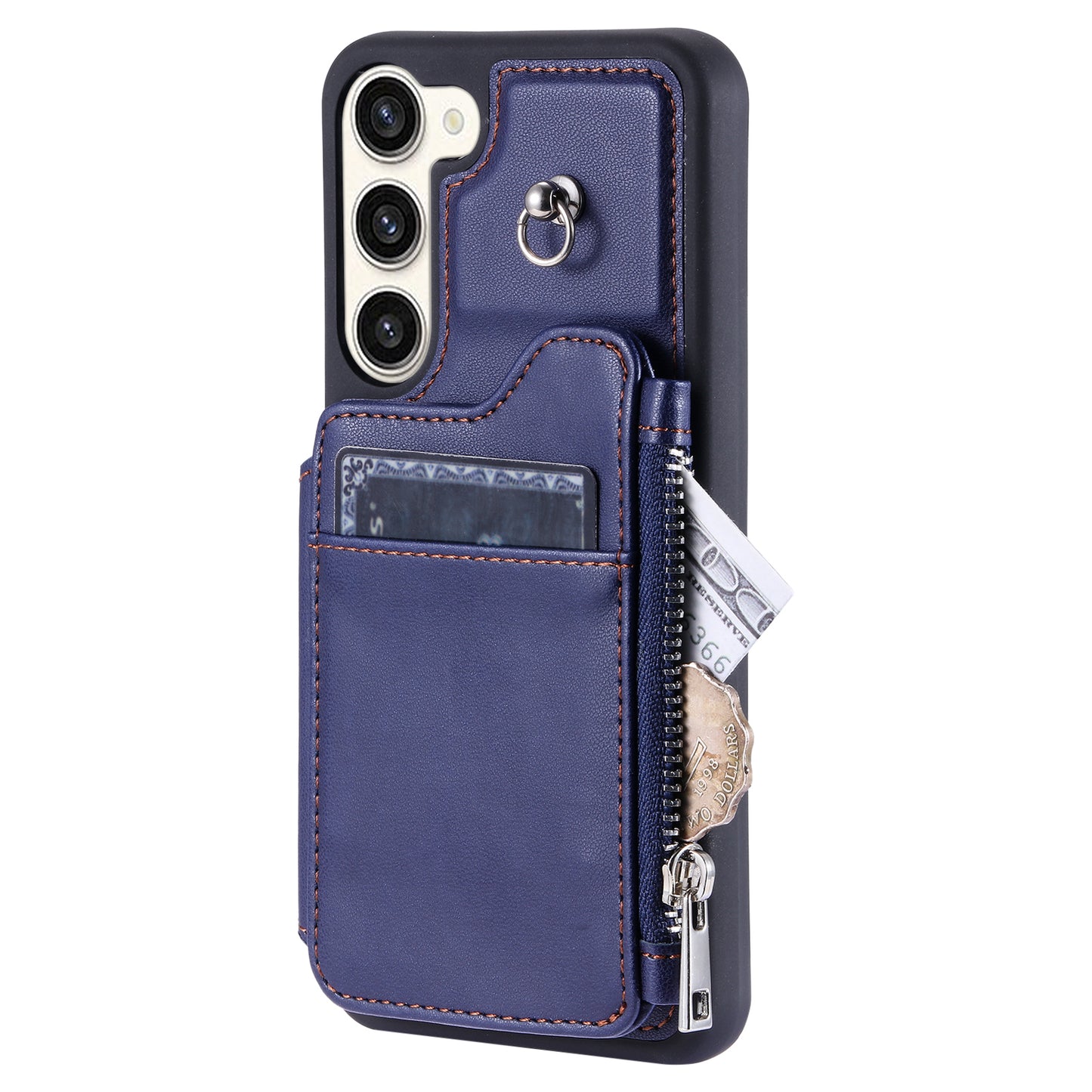 009 Zipper Wallet Case for Samsung Galaxy S23+ , RFID Blocking PU Leather Coated TPU Kickstand Phone Cover with Straps