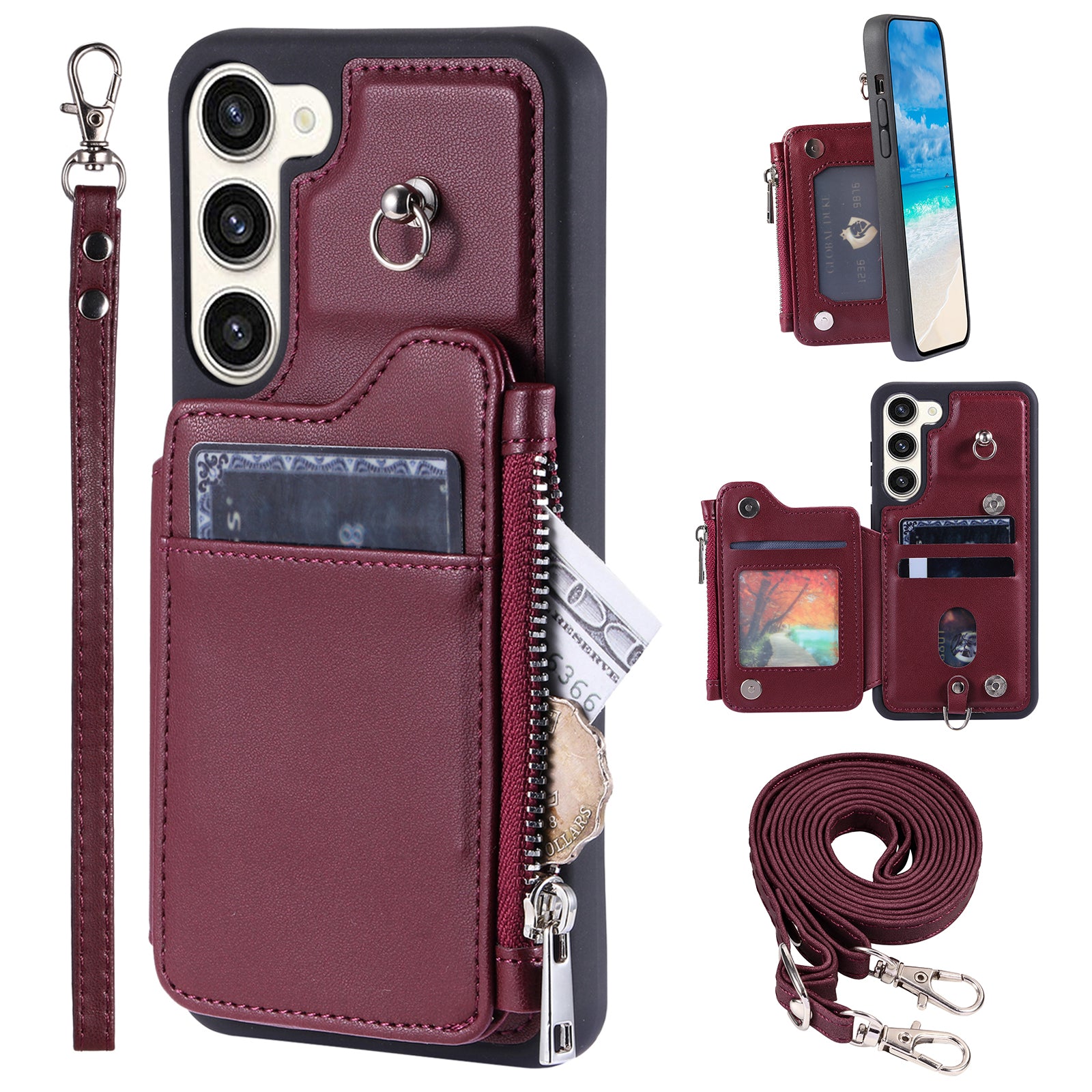 009 Zipper Wallet Case for Samsung Galaxy S23+ , RFID Blocking PU Leather Coated TPU Kickstand Phone Cover with Straps