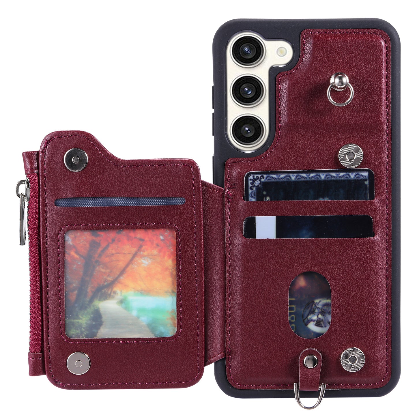 009 Zipper Wallet Case for Samsung Galaxy S23+ , RFID Blocking PU Leather Coated TPU Kickstand Phone Cover with Straps