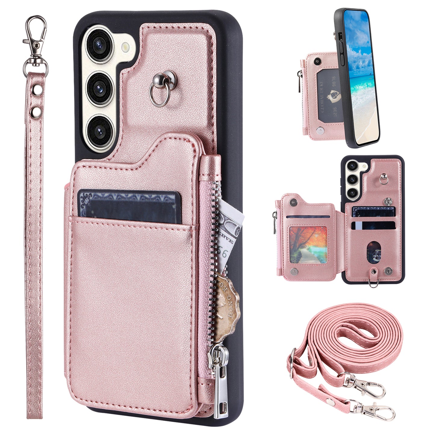 009 Zipper Wallet Case for Samsung Galaxy S23+ , RFID Blocking PU Leather Coated TPU Kickstand Phone Cover with Straps