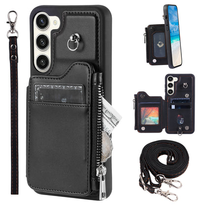 009 Zipper Wallet Case for Samsung Galaxy S23+ , RFID Blocking PU Leather Coated TPU Kickstand Phone Cover with Straps