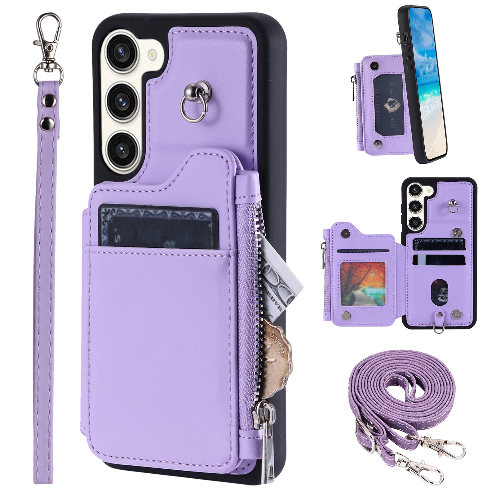 009 Zipper Wallet Case for Samsung Galaxy S23+ , RFID Blocking PU Leather Coated TPU Kickstand Phone Cover with Straps