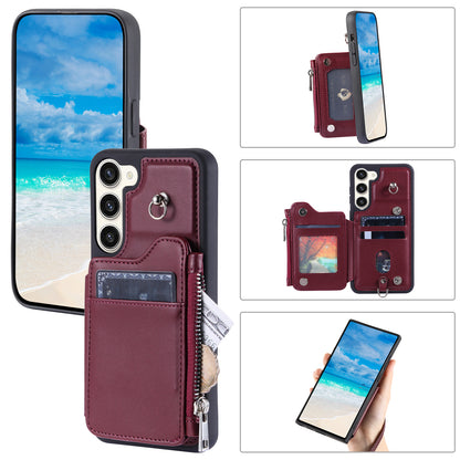 009 For Samsung Galaxy S23+ PU Leather Coated TPU Phone Case RFID Blocking Zipper Wallet Kickstand Cover with Wrist Strap