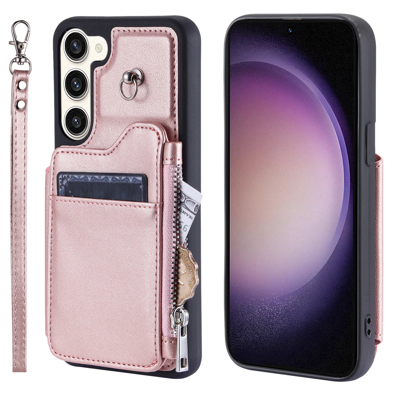 009 For Samsung Galaxy S23+ PU Leather Coated TPU Phone Case RFID Blocking Zipper Wallet Kickstand Cover with Wrist Strap