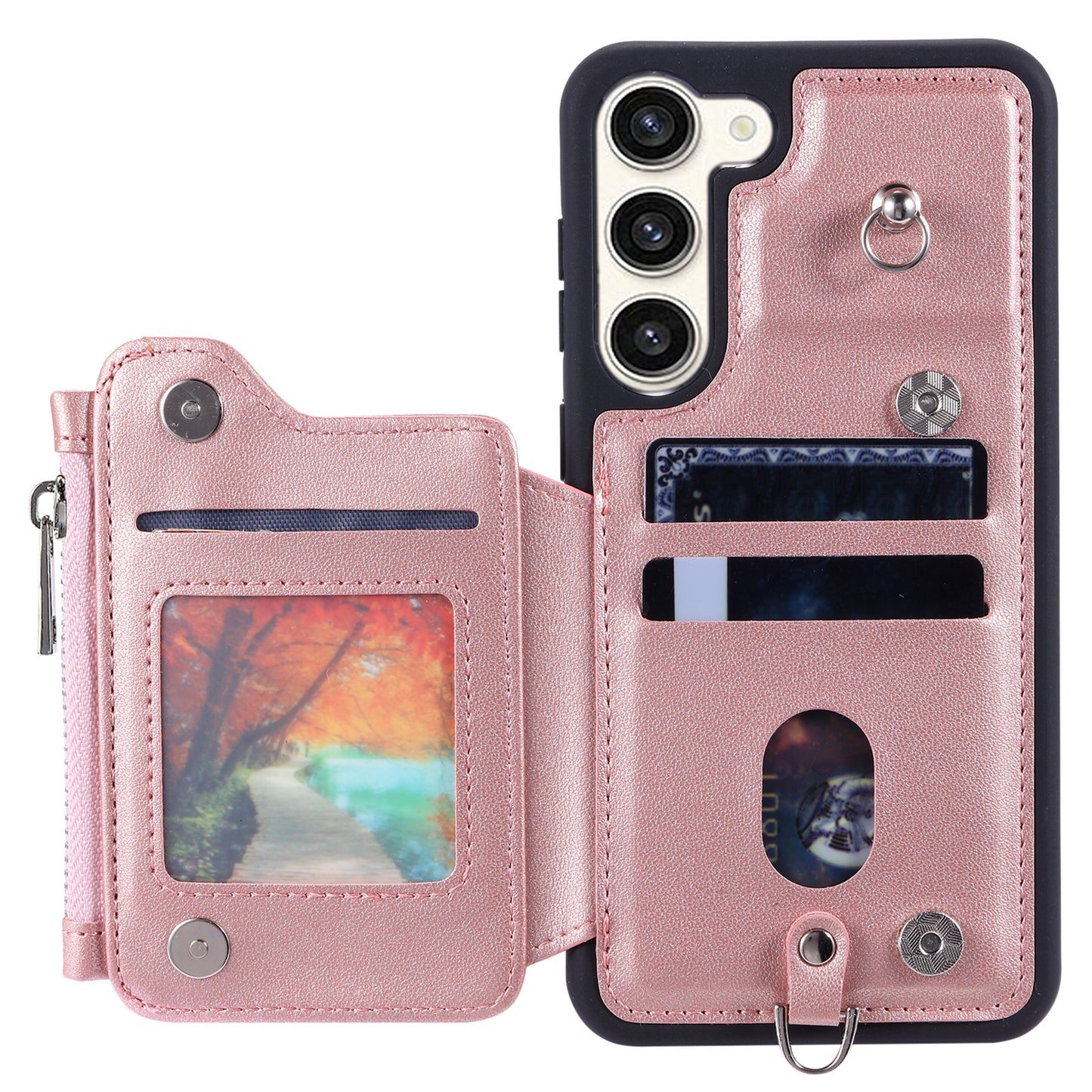 009 For Samsung Galaxy S23+ PU Leather Coated TPU Phone Case RFID Blocking Zipper Wallet Kickstand Cover with Wrist Strap