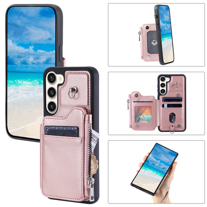 009 For Samsung Galaxy S23+ PU Leather Coated TPU Phone Case RFID Blocking Zipper Wallet Kickstand Cover with Wrist Strap